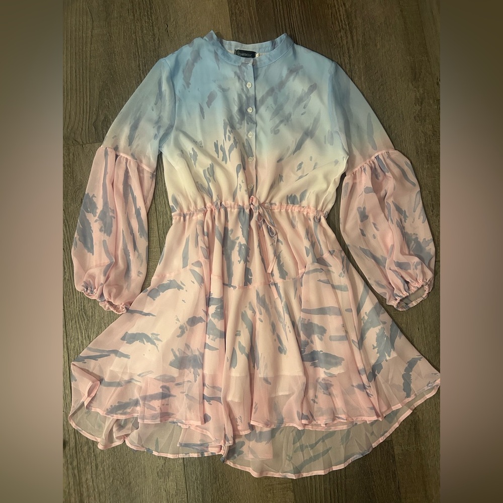 Multicolored Ruffled Tiered Sundress with Bishop Sleeves Pastel Pink Blue